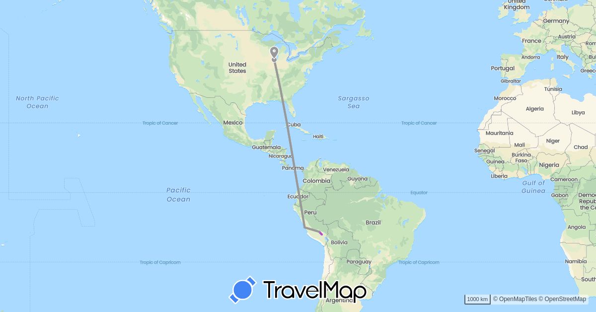 TravelMap itinerary: plane, train in Peru, United States (North America, South America)