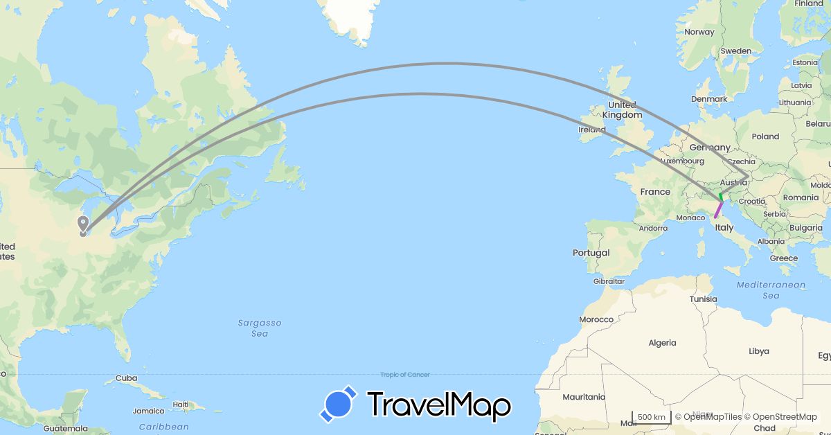TravelMap itinerary: driving, bus, plane, train in Austria, Italy, United States (Europe, North America)