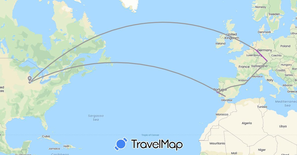 TravelMap itinerary: driving, plane, train in Germany, Spain, Portugal, United States (Europe, North America)
