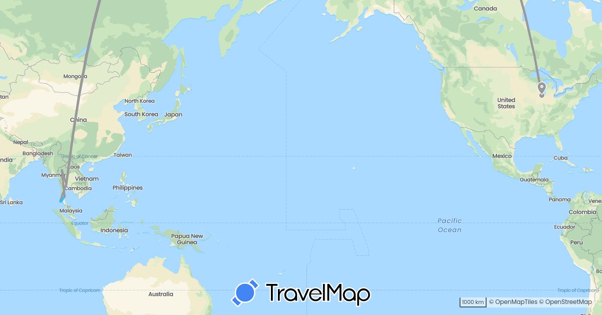 TravelMap itinerary: driving, plane, boat in Thailand, United States (Asia, North America)