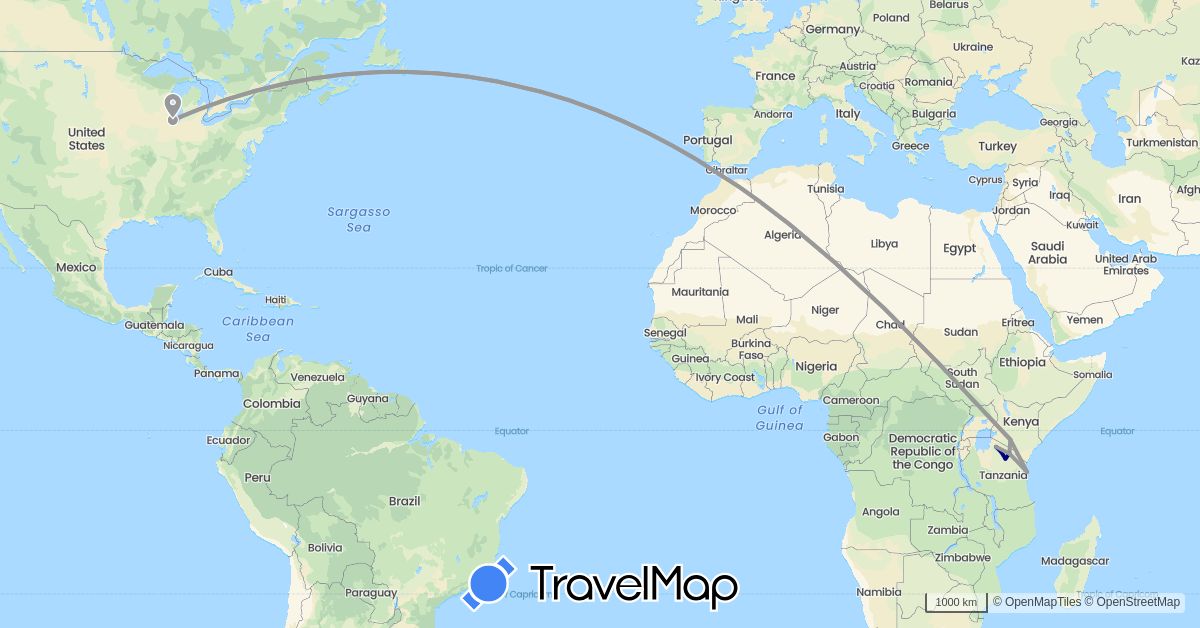 TravelMap itinerary: driving, plane in Kenya, Tanzania, United States (Africa, North America)