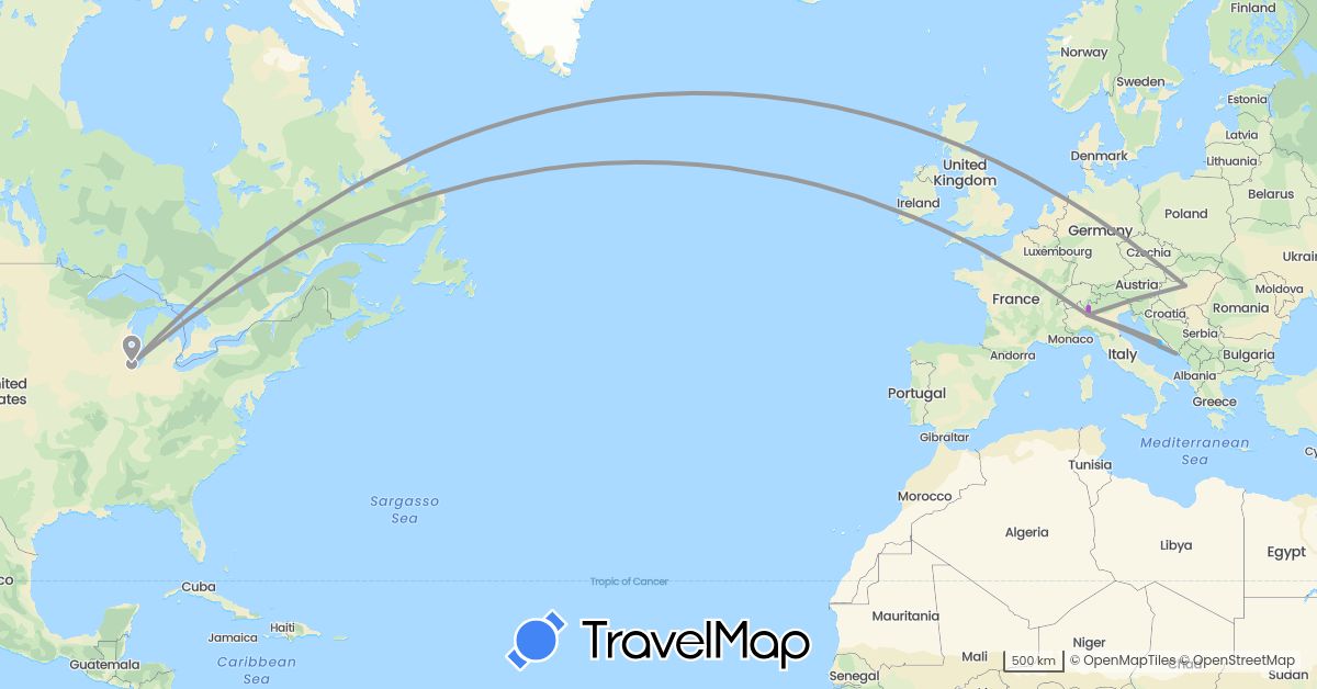 TravelMap itinerary: driving, plane, train, boat in Croatia, Hungary, Italy, United States (Europe, North America)