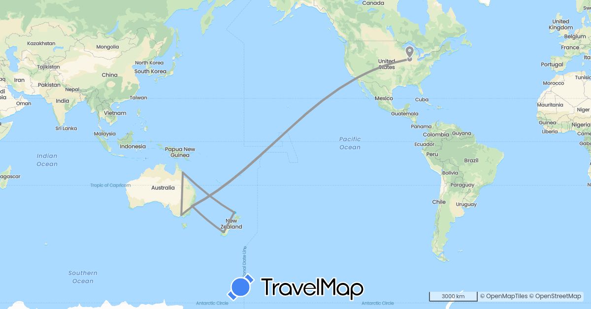 TravelMap itinerary: driving, bus, plane, boat in Australia, New Zealand, United States (North America, Oceania)
