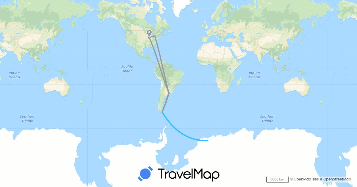 TravelMap itinerary: driving, plane, boat in Argentina, Canada, United States, Uruguay (North America, South America)