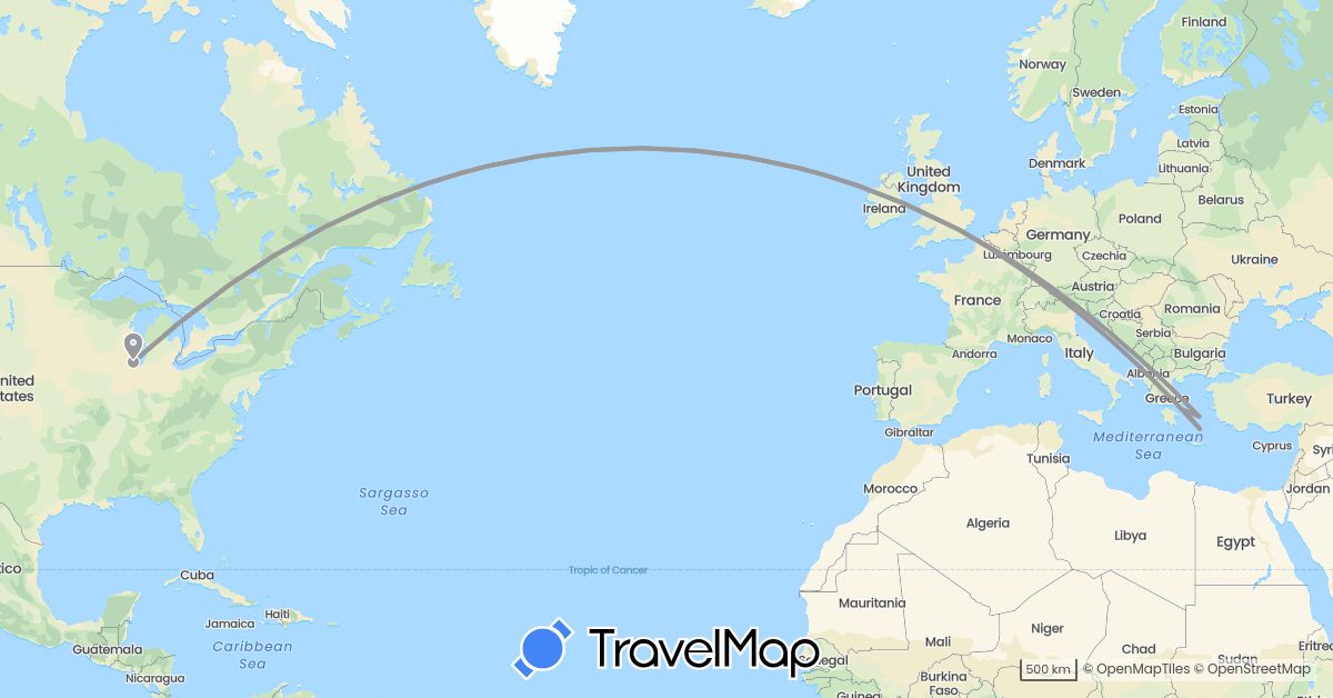 TravelMap itinerary: driving, plane in United Kingdom, Greece, United States (Europe, North America)