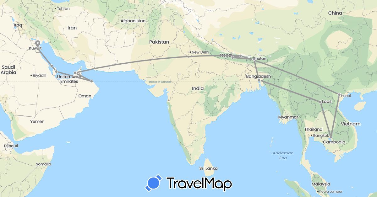 TravelMap itinerary: plane in United Arab Emirates, Bangladesh, Bahrain, Bhutan, Cambodia, Kuwait, Laos, Nepal, Oman, Qatar, Vietnam (Asia)